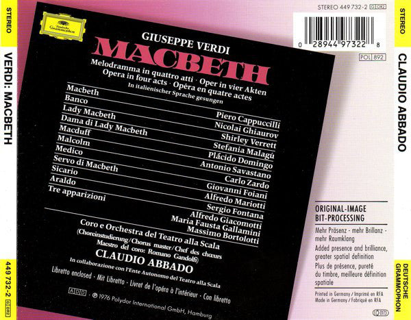 Verdi* - Shirley Verrett, Piero Cappuccilli, Plácido Domingo*, Nicolai Ghiaurov, Coro* e Orchestra Del Teatro Alla Scala, Claudio Abbado : Macbeth (2xCD, Album, RE, RM)