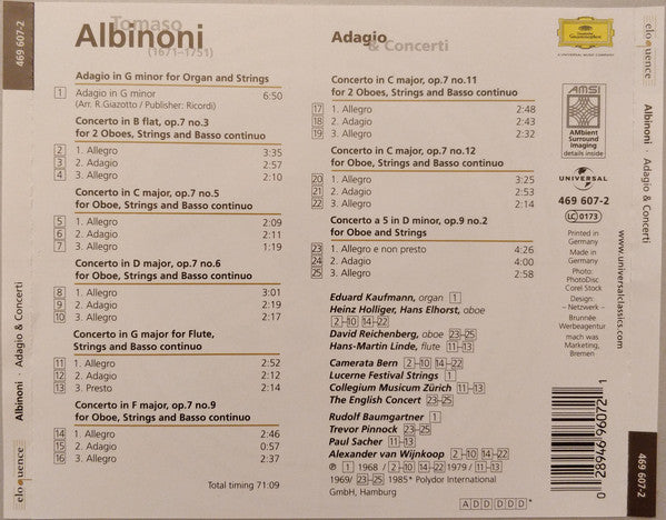 Tomaso Albinoni : Adagio & Concerti (CD, Comp, RM)