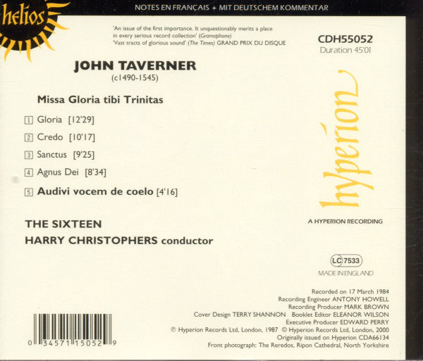 John Taverner - The Sixteen / Harry Christophers : Missa Gloria Tibi Trinitas - Audivi Vocem De Coelo (CD, Album, RE)