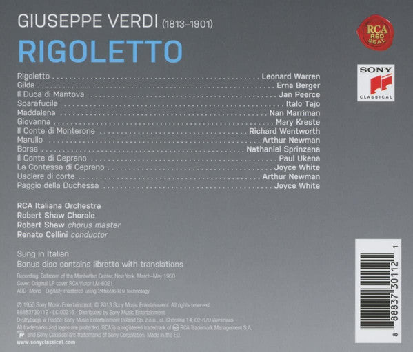 Giuseppe Verdi - Leonard Warren, Erna Berger, Jan Peerce, Nan Merriman, Robert Shaw Chorale*, RCA Victor Orchestra*, Renato Cellini : Rigoletto (2xCD, Album, Mono, RM)