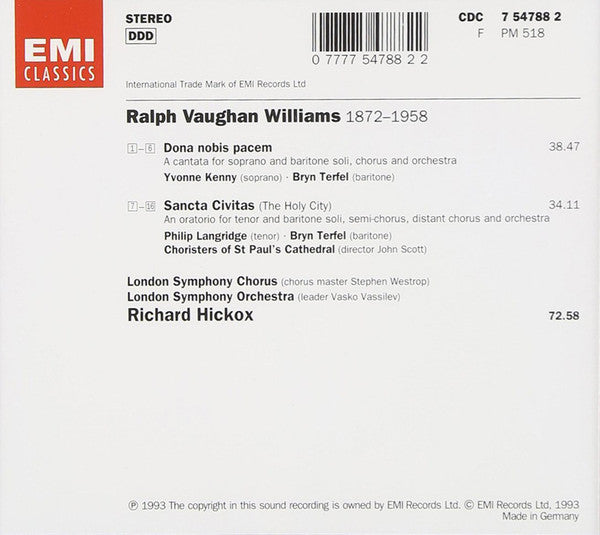 Ralph Vaughan Williams / Yvonne Kenny • Philip Langridge • Bryn Terfel • Choristers Of St Paul's Cathedral Choir • London Symphony Chorus & London Symphony Orchestra • Richard Hickox : Sancta Civitas • Dona Nobis Pacem  (CD, Album)