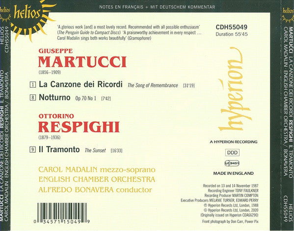 Giuseppe Martucci, Ottorino Respighi - Carol Madalin, English Chamber Orchestra, Alfredo Bonavera : La Canzone Dei Ricordi; Notturno; Il Tramonto (CD, Album, RE)