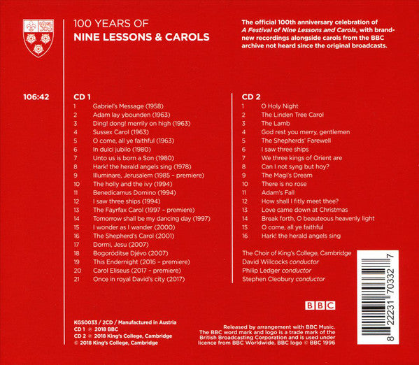 Choir Of King's College, Cambridge*, David Willcocks, Philip Ledger, Stephen Cleobury : 100 Years Of Nine Lessons & Carols (2xCD, Album)