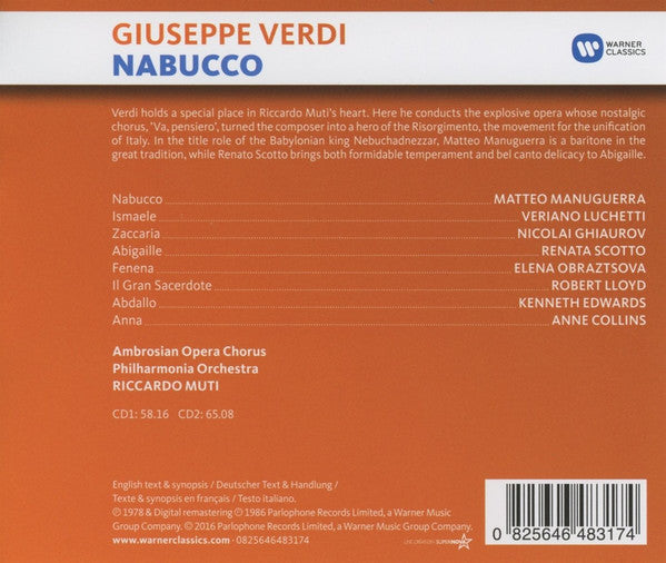 Verdi* / Matteo Manuguerra, Veriano Luchetti, Nicolai Ghiaurov, Renata Scotto, Elena Obraztsova, Ambrosian Opera Chorus*, Philharmonia Orchestra, Riccardo Muti : Nabucco (2xCD, Album, RE, RM)