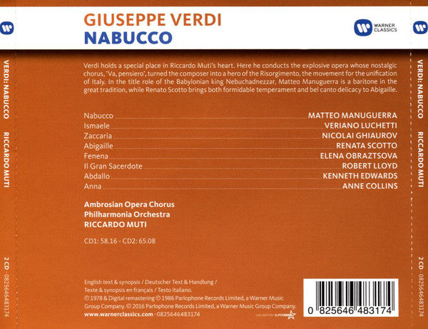 Verdi* / Matteo Manuguerra, Veriano Luchetti, Nicolai Ghiaurov, Renata Scotto, Elena Obraztsova, Ambrosian Opera Chorus*, Philharmonia Orchestra, Riccardo Muti : Nabucco (2xCD, Album, RE, RM)