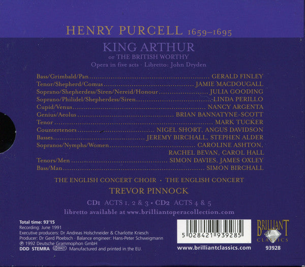 Purcell* - Nancy Argenta, Julia Gooding, Jamie MacDougall, Gerald Finley, The English Concert Choir, The English Concert, Trevor Pinnock : King Arthur (2xCD, Album, RE + Box, Sli)