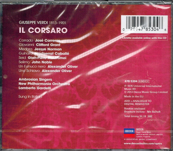 Giuseppe Verdi - Montserrat Caballé •  José Carreras •  Jessye Norman •  The Ambrosian Singers •  New Philharmonia Orchestra •  Lamberto Gardelli : Il Corsaro (2xCD, Album, RE, RM)