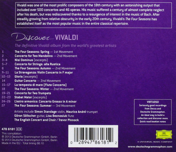 Antonio Vivaldi, Simon Standage, Maurice André, Göran Söllscher, Lisa Beznosiuk, The English Concert Choir, Trevor Pinnock : Discover...Vivaldi (CD, Comp)