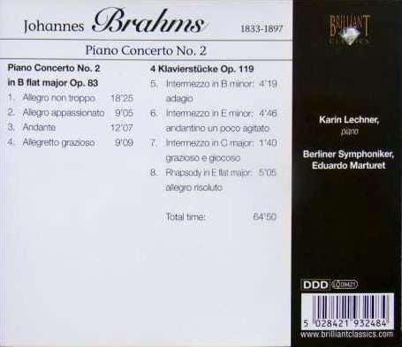 Johannes Brahms - Karin Lechner, Berliner Symphoniker, Eduardo Marturet : Piano Concerto No. 2  (CD)