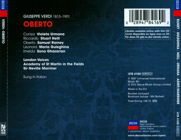 Verdi*  -  Ramey* · Guleghina* · Neill* · Urmana* · London Voices · Academy of St Martin in the Fields* · Marriner* : Oberto (2xCD, Album, RE)