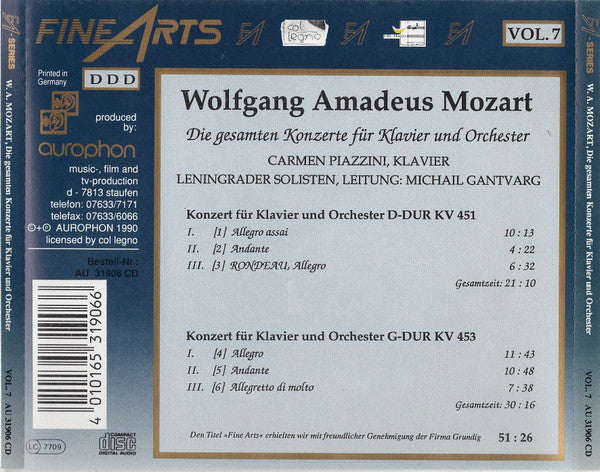 Wolfgang Amadeus Mozart, Carmen Piazzini, Leningrader Solisten*, Michail Gantvarg : Die Gesamten Konzerte Für Klavier Und Orchester, Vol. 7 (CD, Album)