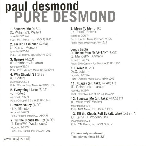 Paul Desmond : Pure Desmond (HDCD, Album, RE)