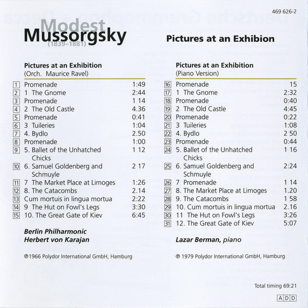 Modest Mussorgsky · Herbert Von Karajan · Berliner Philharmoniker · Lazar Berman : Pictures At An Exhibition (CD, Comp, RP)