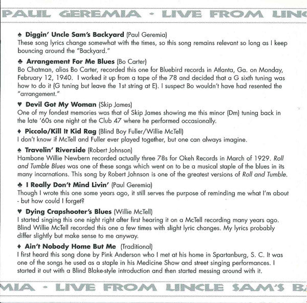 Paul Geremia : Live From Uncle Sam's Backyard (CD, Album)