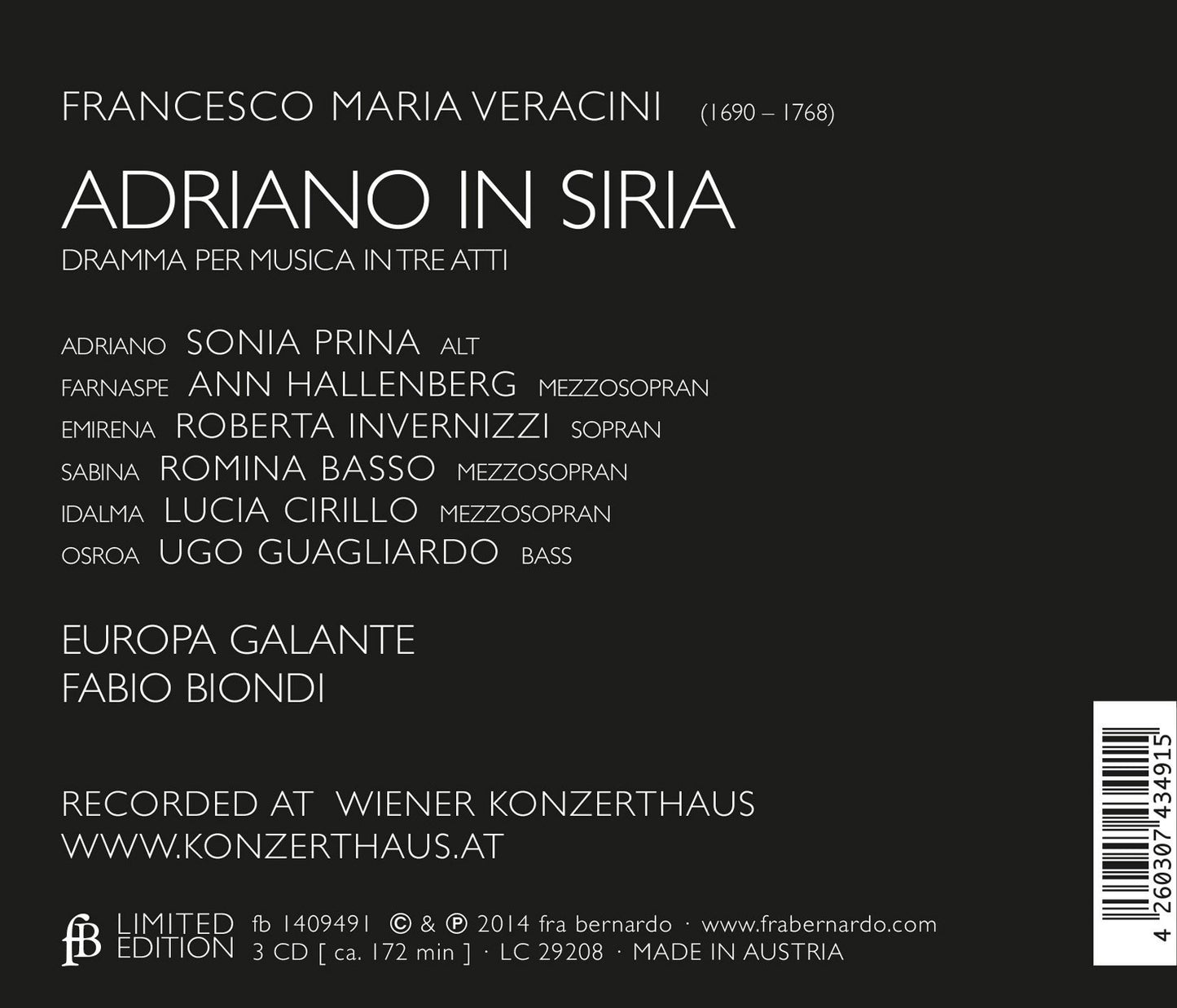 Francesco Veracini: Adriano In Siria CD