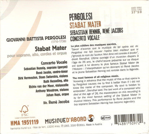 Pergolesi* - Sebastian Hennig, René Jacobs, Concerto Vocale : Stabat Mater (CD, Album, RE)