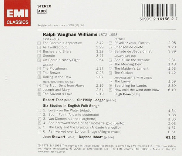 Ralph Vaughan Williams, Robert Tear • Philip Ledger • Hugh Bean • Jean Stewart : Folksong Arrangements (CD, Album, Comp, RM)