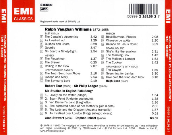 Ralph Vaughan Williams, Robert Tear • Philip Ledger • Hugh Bean • Jean Stewart : Folksong Arrangements (CD, Album, Comp, RM)