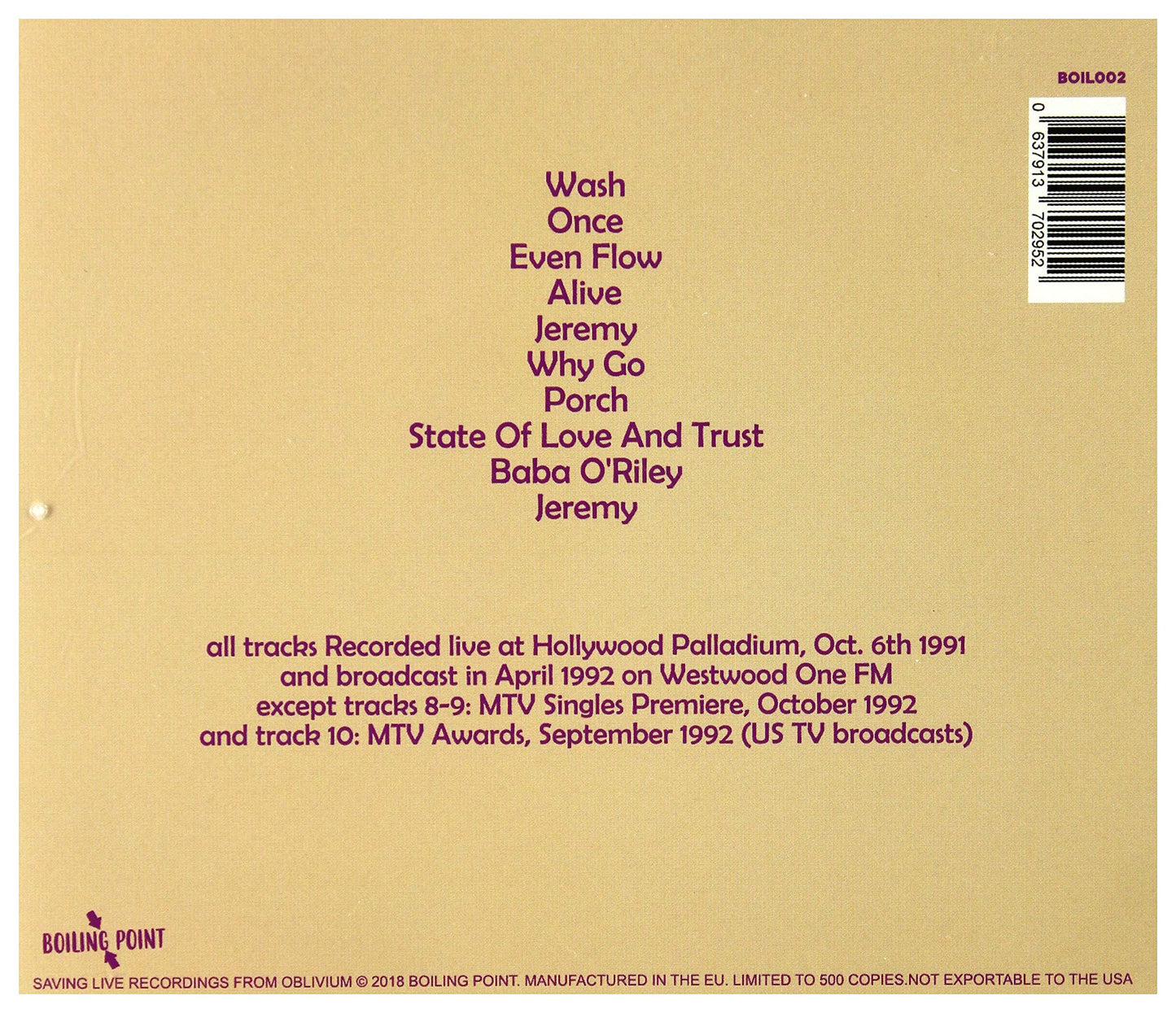 Pearl Jam Hollywood Palladium 1991 - Fm Broadcast CD